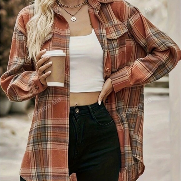 SHEIN Tops - Women's Plaid Button-Down Shirt in Fall Colours.